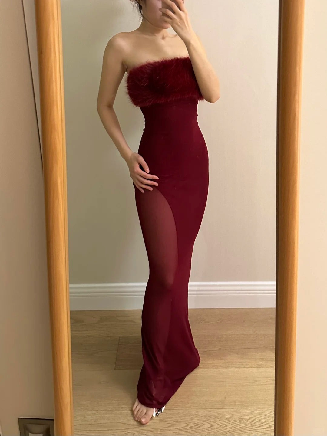 Sexy Burgundy Mermaid Strapless Mesh Long Prom Dress Evening Dress