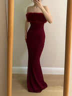 Sexy Burgundy Mermaid Strapless Mesh Long Prom Dress Evening Dress