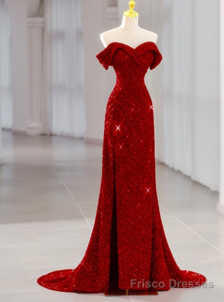 Sexy Burgundy Sequins Off the Shoulder Prom Dress Main image