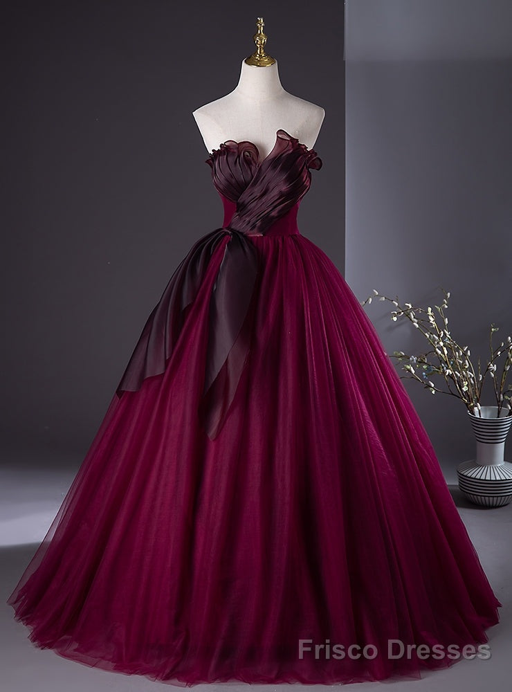 Sexy Burgundy Tulle Strapless Pleats Prom Dress Main image