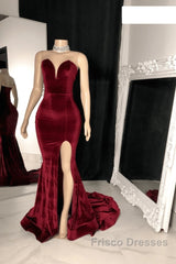 Sexy Burgundy Velvet Wedding Guest Dress V Neck Mermaid Formal Prom Dress