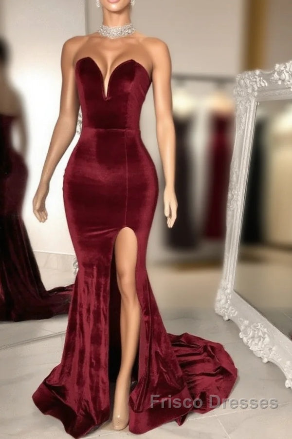 Sexy Burgundy Velvet Wedding Guest Dress V Neck Mermaid Formal Prom Dress Main image