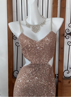 Sexy Champagne Pink Mermaid Spaghetti Strap Waist Cutout Sequin Long Prom Dress Evening Dress