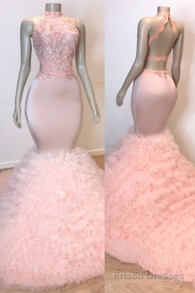 Sexy Chiffon High Collar Mermaid Prom Dress Sequins Pink Long Main image