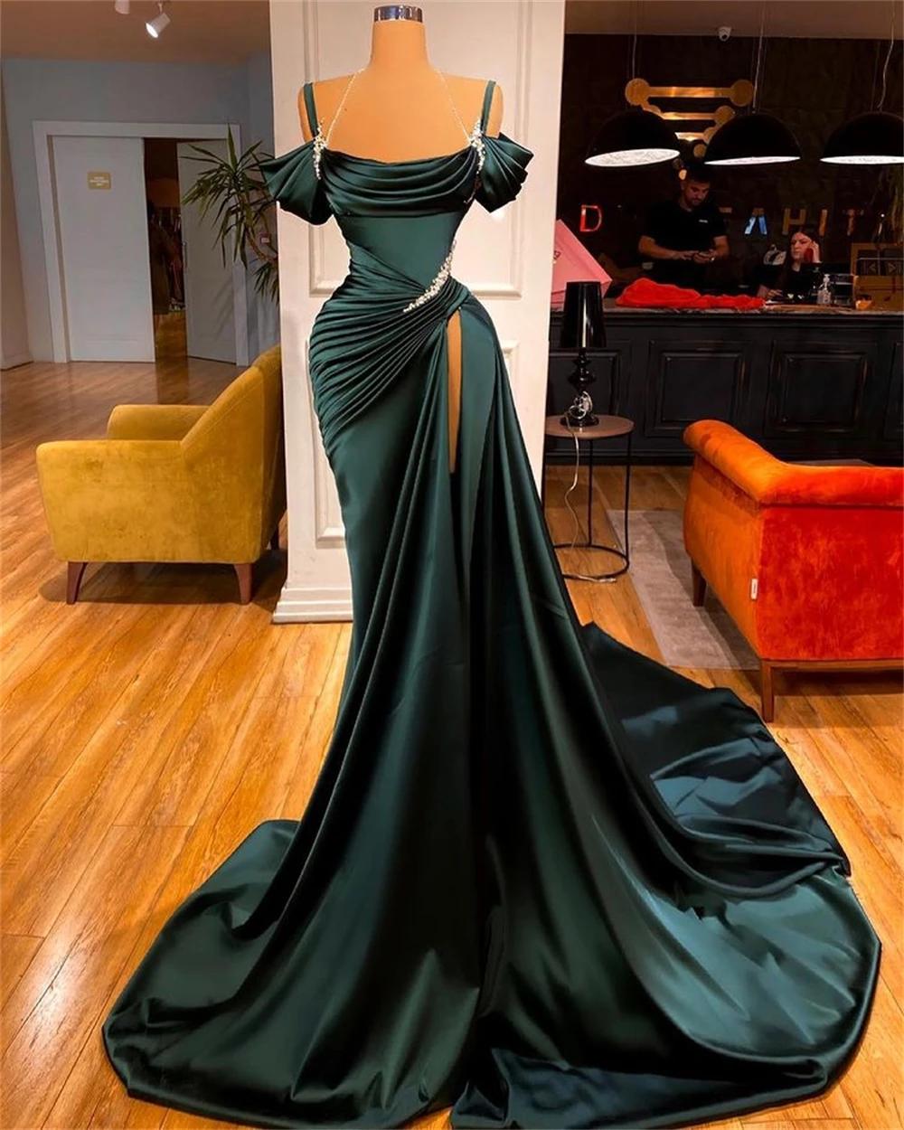 Sexy Dark Green Satin Mermaid Prom Dresses 2026 Spaghetti Straps Pleats Seep Train Formal Evening Occasion Pageant Gowns Main image