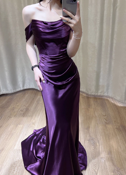 Sexy Deep Purple Mermaid Off-The-Shoulder Satin Long Prom Dress Evening Dress Secondary image