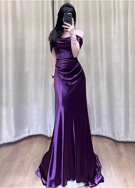 Sexy Deep Purple Mermaid Off-The-Shoulder Satin Long Prom Dress Evening Dress