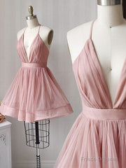 Sexy Deep V-Neck A-Line Backless Pink Homecoming Dresses Online,