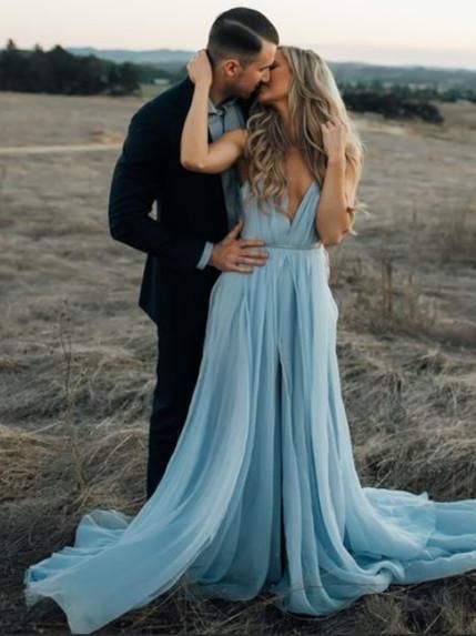 Sexy Deep V Neck Chiffon Evening Party Dress, Long Prom Dresses