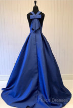 Sexy Deep V-Neck Long Satin Bow Back Formal Dress Floor Length Formal Prom Gowns