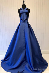 Sexy Deep V-Neck Long Satin Bow Back Evening Dresses Floor Length Prom Gowns