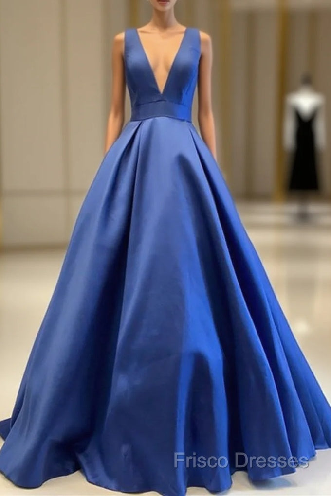 Sexy Deep V-Neck Long Satin Bow Back Formal Dress Floor Length Formal Prom Gowns Main image