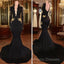 Sexy Deep V-Neck Long Sleeves Black Gold Formal Prom Dress