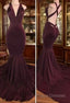 Sexy Deep V Neck Mermaid Velvet Burgundy Formal Prom Dress