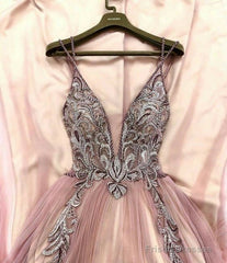 Sexy Deep V Neck Pink Prom Dresses