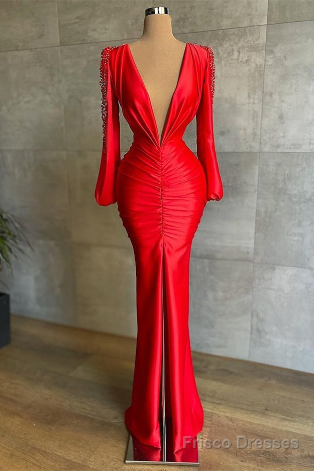 Sexy Deep V-Neck Red Long Sleeves Prom Dress Mermaid Main image