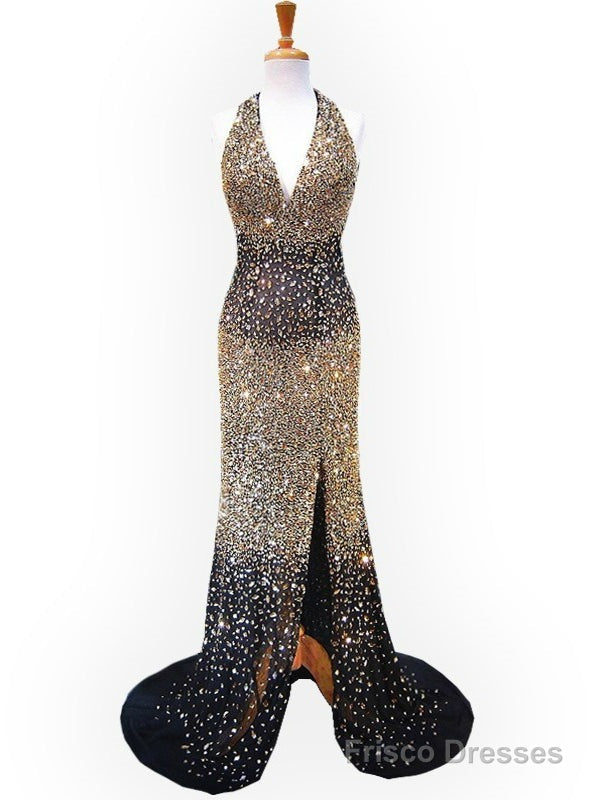 Sexy Evening Gown Halter Deep V-neck Backless Beaidng Crystal Formal Gowns