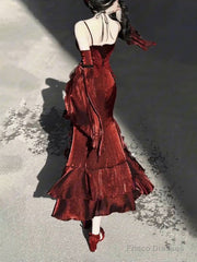 Sexy French High Low Spaghetti Straps Christmas Dress Burgundy Birthday Dresses Birthday Outfits
