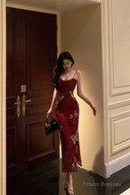 Sexy French Mermaid Spaghetti Straps Burgundy Prom Dresses Birthday Outfits Evening Gown