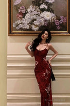 Sexy French Mermaid Spaghetti Straps Burgundy Prom Dresses Birthday Outfits Evening Gown