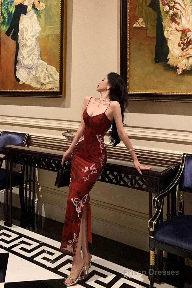 Sexy French Mermaid Spaghetti Straps Burgundy Prom Dresses Birthday Outfits Evening Gown Main image