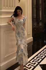 Sexy French Sheath Blue Floral Ruffles Prom Dresses Birthday Outfits Evening Gown
