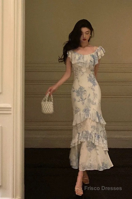Sexy French Sheath Blue Floral Ruffles Prom Dresses Birthday Outfits Evening Gown Main image