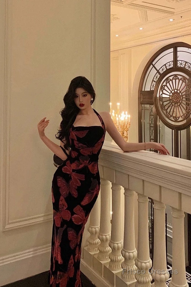 Sexy French Sheath Halter Floral Prom Dresses Birthday Outfits Evening Gown