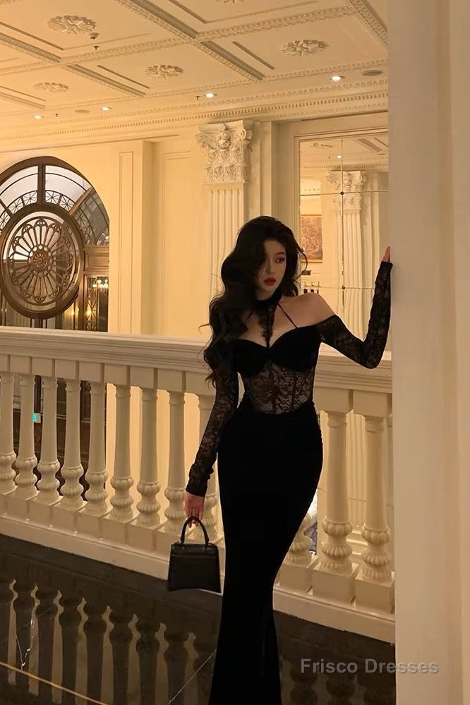 Sexy French Sheath Off The Shoulder Black Lace Prom Dresses Birthday Outfits Evening Gown Secondary image