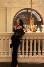 Sexy French Sheath Off The Shoulder Black Lace Prom Dresses Birthday Outfits Evening Gown