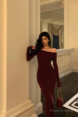 Sexy French Sheath Off The Shoulder Burgundy Split Prom Dresses Birthday Outfits Evening Gown