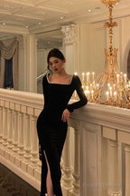 Sexy French Sheath Square Neckline Black Prom Dresses Birthday Outfits Evening Gown