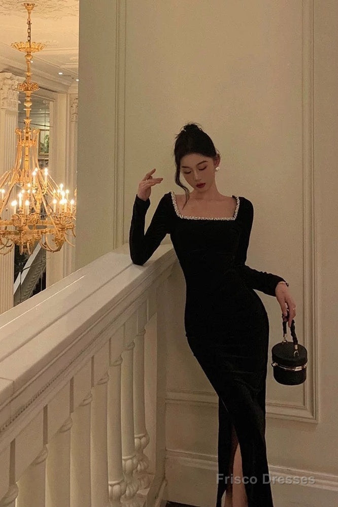 Sexy French Sheath Square Neckline Black Prom Dresses Birthday Outfits Evening Gown