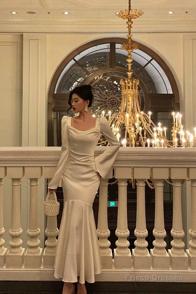 Sexy French Sheath Square Neckline Ivory Long Sleeves Prom Dresses Birthday Outfits Evening Gown Main image