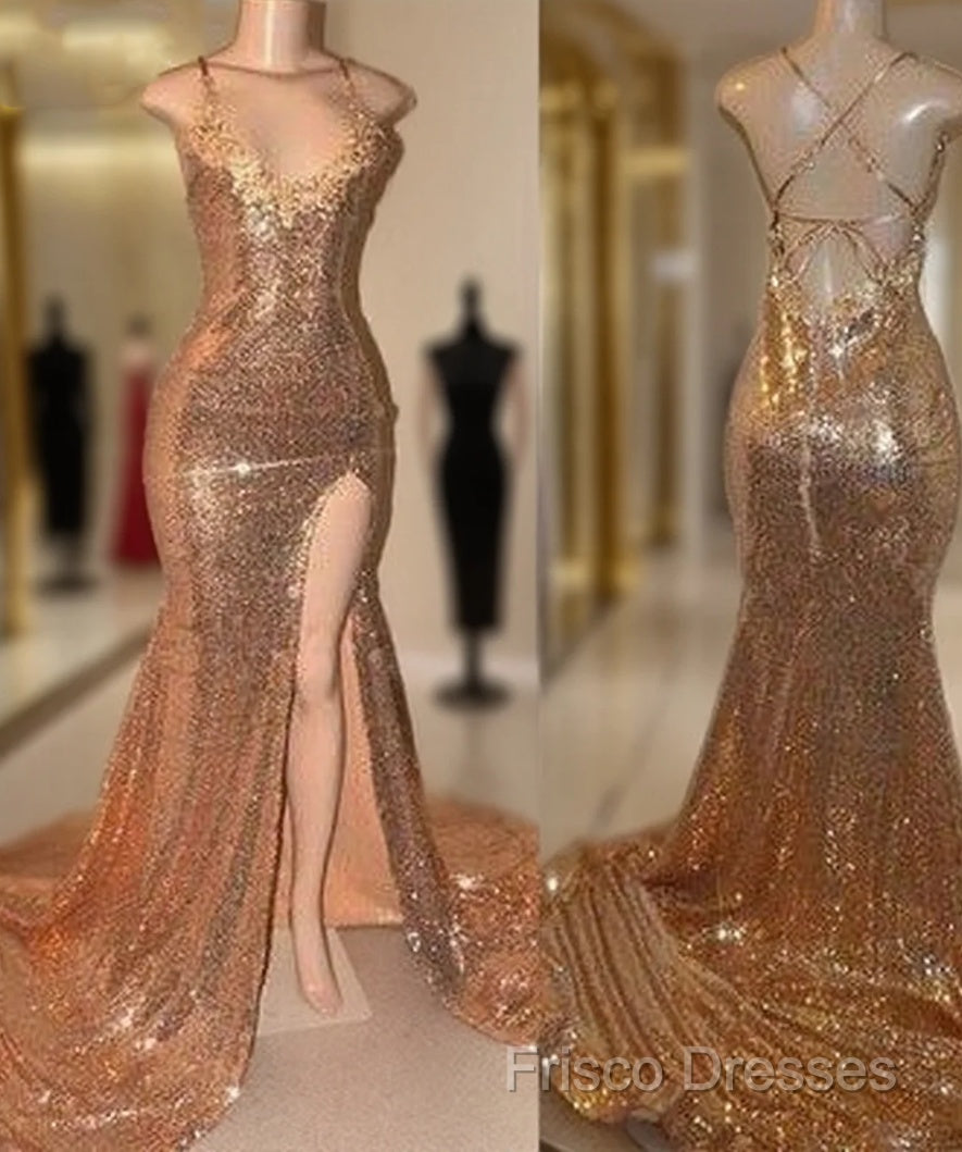 Sexy Gold Sequin Spaghetti-Straps Slit Formal Prom Dress Main image