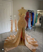 Sexy Gold Sequins Formal Prom Dress Mermaid Long Black Girl Formal Dress