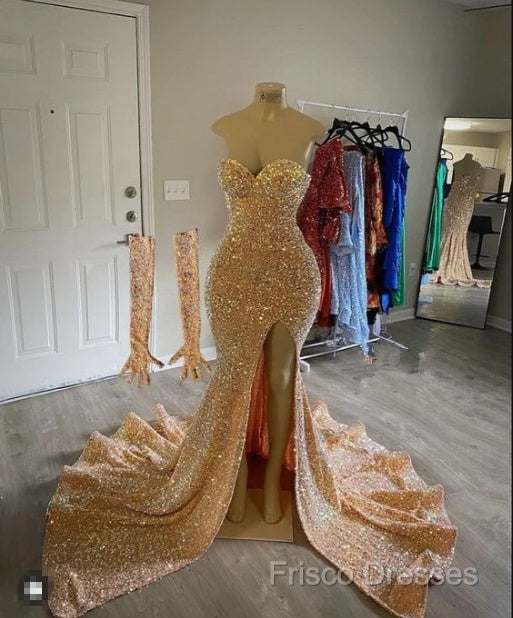 Sexy Gold Sequins Formal Prom Dress Mermaid Long Black Girl Formal Dress