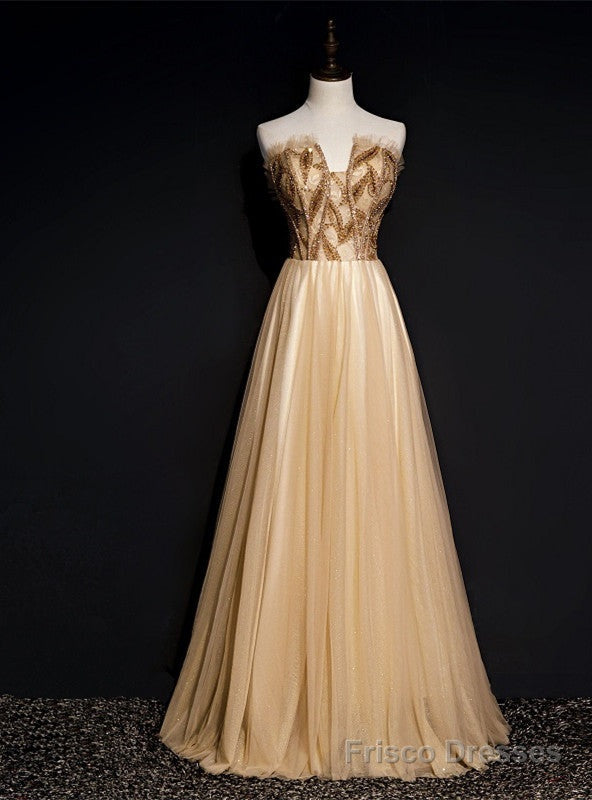 Sexy Gold Tulle Strapless Beading Prom Dress Main image