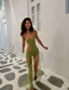 Sexy Green Sheath Spaghetti Strap Beaded Tulle Prom Dress Evening Dress With Slit