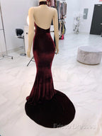 Sexy Halter Burgundy Winter Wedding Guest Dress Velvet Formal Prom Dress Sleeveless