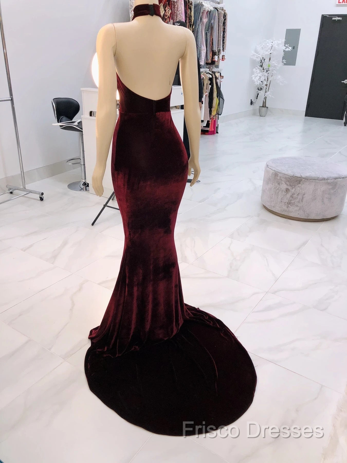 Sexy Halter Burgundy Winter Wedding Guest Dress Velvet Formal Prom Dress Sleeveless