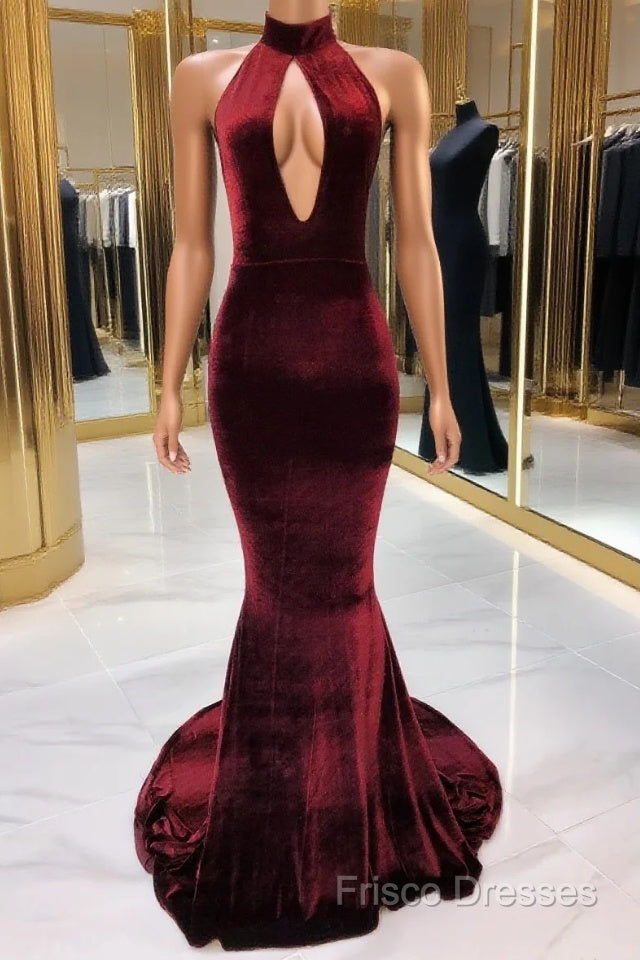 Sexy Halter Burgundy Winter Wedding Guest Dress Velvet Formal Prom Dress Sleeveless Main image