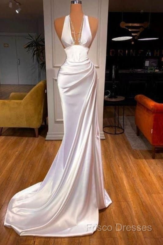 Sexy Halter V-Neck Mermaid Formal Prom Dress Ruffle Satin Long Party Dress Secondary image