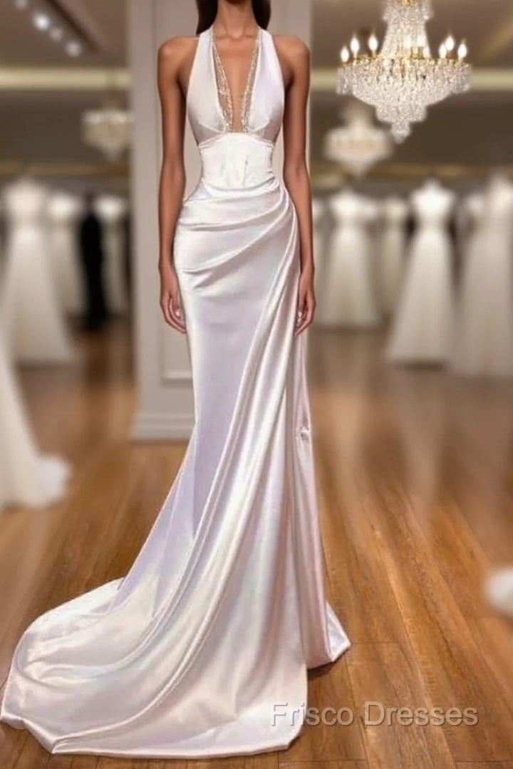 Sexy Halter V-Neck Mermaid Formal Prom Dress Ruffle Satin Long Party Dress