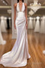 Sexy Halter V-Neck Mermaid Formal Prom Dress Ruffle Satin Long Party Dress
