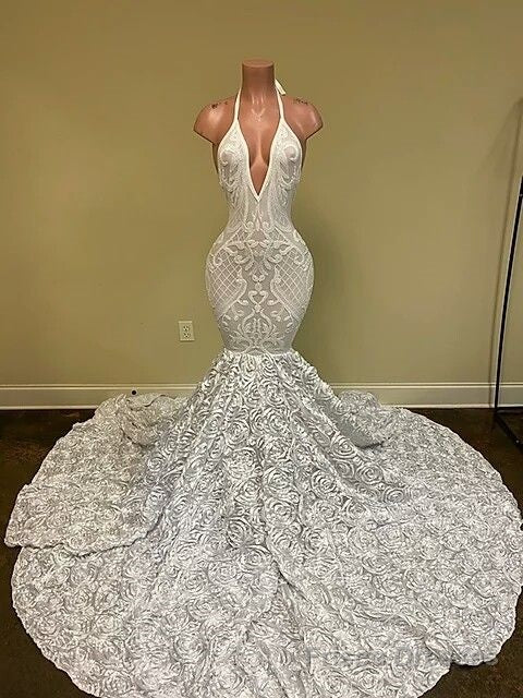 Sexy Hater Deep V-Neck Backless Ivory Prom Dress with Flowers Bottom