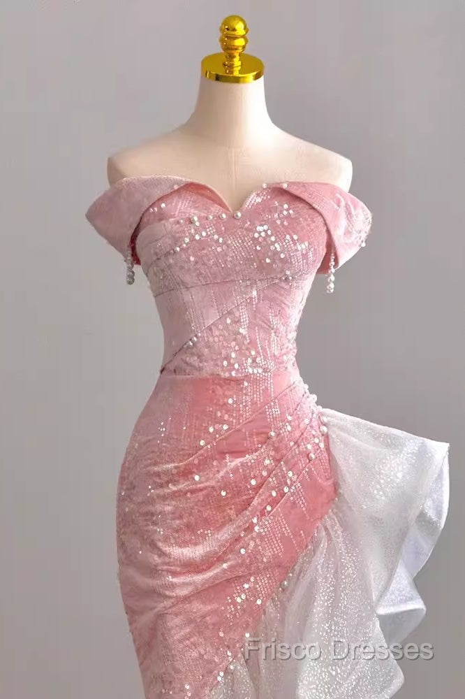 Sexy High Low Off The Shoulder Pink Velvet Formal Prom Dress