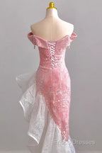 Sexy High Low Off The Shoulder Pink Velvet Formal Prom Dress