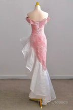 Sexy High Low Off The Shoulder Pink Velvet Formal Prom Dress