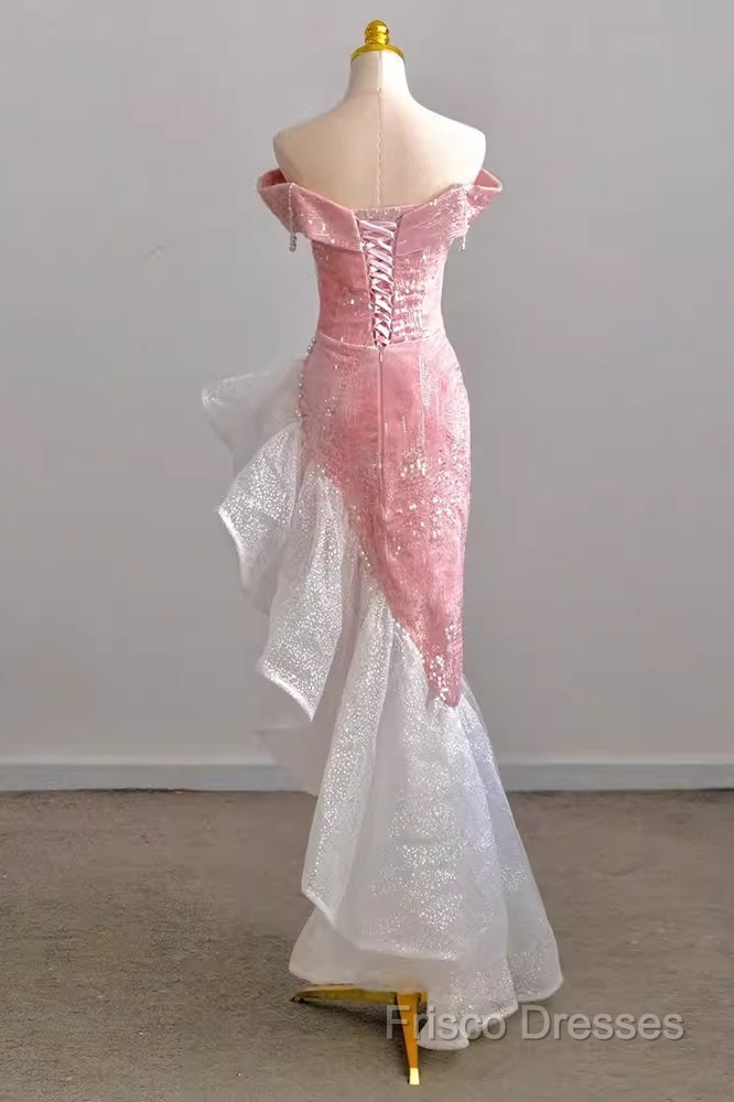 Sexy High Low Off The Shoulder Pink Velvet Formal Prom Dress